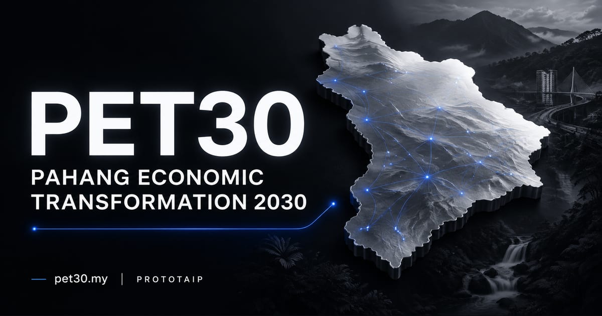 PET30 — Pahang Economic Transformation 2030. Ilustrasi Pahang hitam-putih dengan rangkaian biru. Prototaip.
